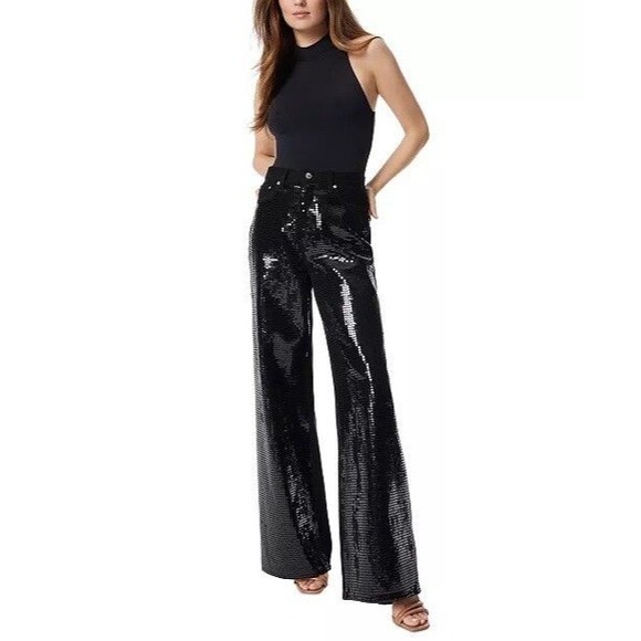 Sam Edelman Bianka High Rise Wide Leg Black Sequin Jeans Women 24 NWT Party Glam - Picture 1 of 15